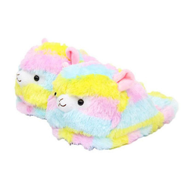 Llama Arpakasso Plush Slippers Rainbow Alpaca Half heel Soft Warm Household Winter flip flop for big children Shoes 28cm