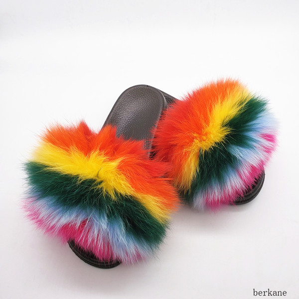 Wholesale Real Fox Slippers Kids Rainbow Neon Color Toldder Fur Child Home Slides Girls Raccoon Super Fluffy Cute Flat Summer