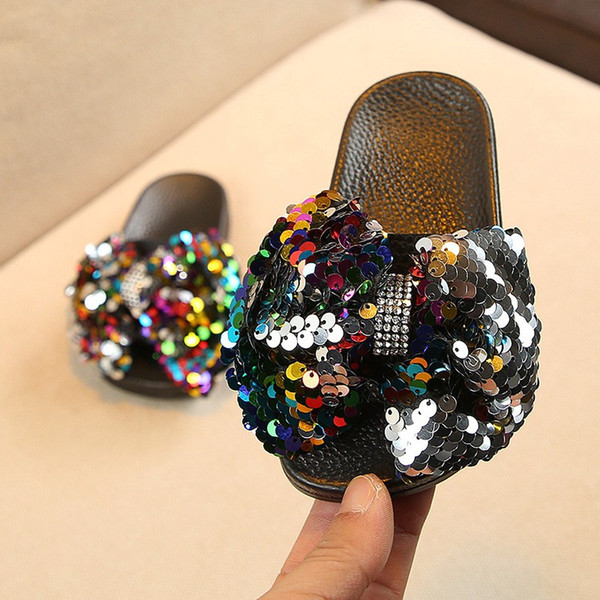 2019 Girls Rhinestone Bow-knot Summer Slipper with soft thick bottom, Kids Lovely Glitter Shoes, Red, Silver, Black, Multi-color