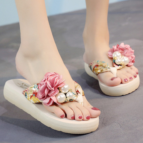 Best-selling Women's Bohemian Slippers Thick-sole Beach Shoes Pink Cuffs Flip-flops Sandals Wedges Flowers Comfortable Slippers