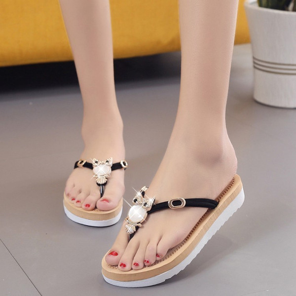 Breathable 2019 Summer Ladies Beach Sandals Flat Soft Bottom Slippers Cat Head Simple and Comfortable Sandals Womens Flip-flops