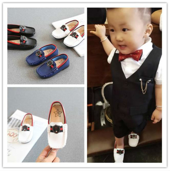 2019 Children New Boy Small PU British Wind leather Child loafers Soft bottom White toddler Casual shoes black white BLUE