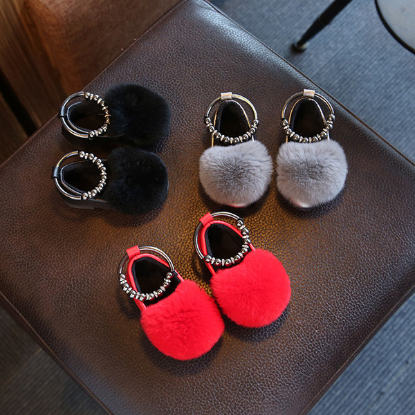 Wholesale 2017 new fashion warm pu wool ball shoes for kids girls princess winter children shoes red black gray 21-30#