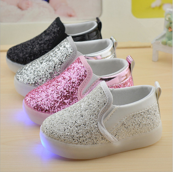 Free shipping 2016 autumn fashion sequins lights led shoes for kids girls flat platform rubber elastic band 21-30 5 colors