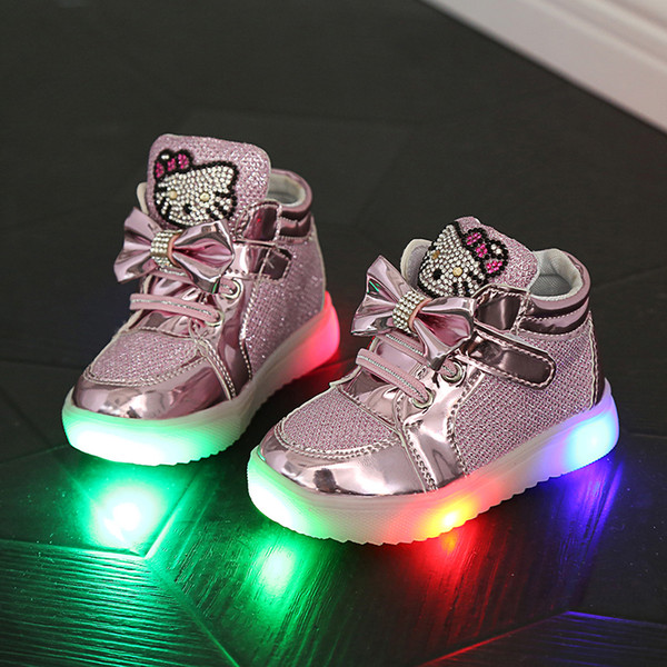 Children Shoes New Spring Hello Kitty Rhinestone Led Shoes Sports Girls Princess Cute Shoes With Light Size 21-30