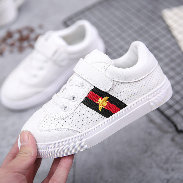 2019 Spring New Children's Bees Embroidery Small White Shoes Kids Striped Chalaza Flat Bottom Skate Shoes