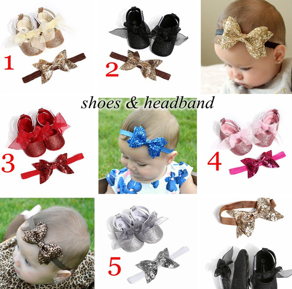 5colors NEw baby Shoes 2pc set infant sequins walking shoes with headband kids paillette shoes & newborn big bow headband 0-2years free ship