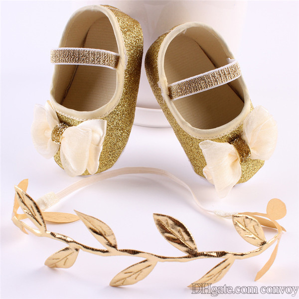 New Cute Baby Shoes with Headband set Kids Infant Shiny walker shoes baby Toddler Bow BOOTIES Princess Shoes Leaf Headdrsess KXZ01