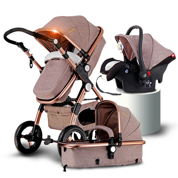 3 in 1 High-profile baby trolley can sit in the light portable absorber fold newborn baby carts gold