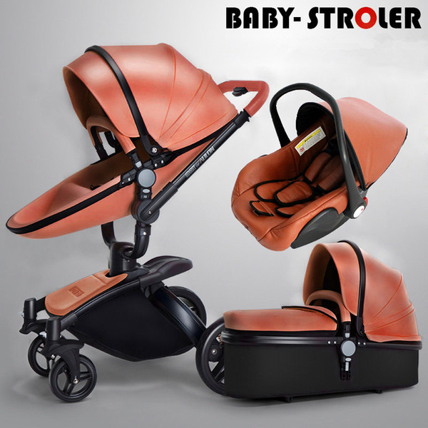 Luxury 3 in 1 Baby Stroller/Pram, PU Leather Pushchair+ Sleeping Basket + Car Seat, 360° Rotation, Bidirectional, Baby Trolley