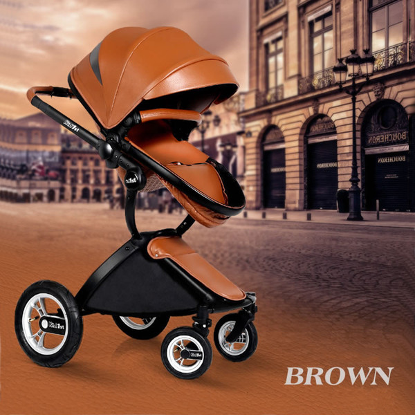 Fashion PU Leather Baby Stroller/Pram, Multi-function Folding Baby Cart , 4 Wheels Pushchair With Reversible Seat