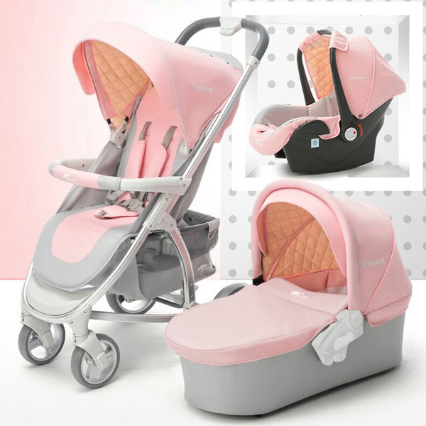 Baby Stroller 3 in 1 High Landscape Pram travel foldable pushchair Car Seat Baby sleeping basket Newborn cradle pink