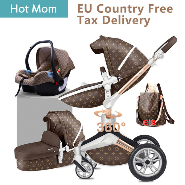 Baby stroller 3in1 Gold frame PU 75cm high landscape 360 degree rotatable adjustment and lying mode Hot mom baby stroller