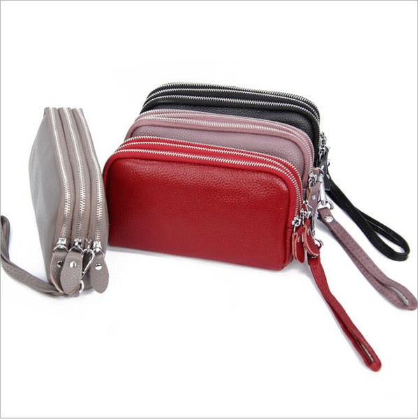 Top Cattle Leather 2019 New Three-Layer Ladies Handbag Long Purse Multi-functional Litchi-print Leather Mobile Phone Bag
