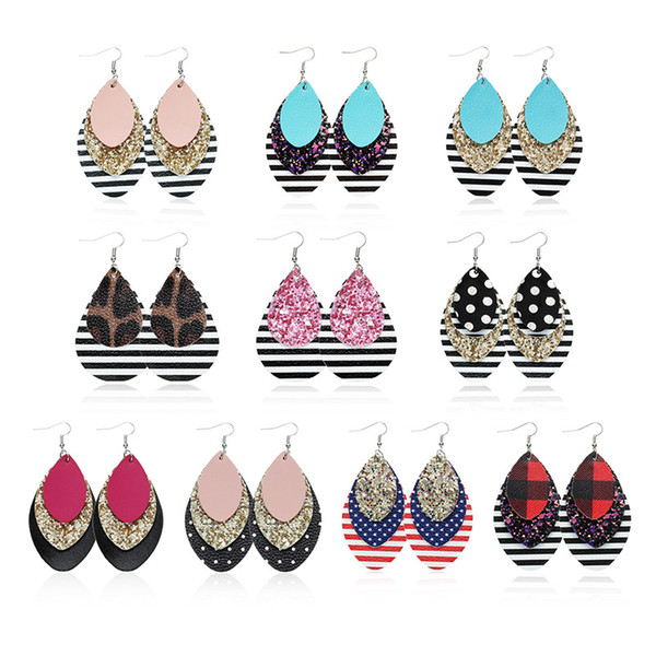 Wholesale Women Faux Leather Earrings DOMIL New Designs Tear Drop Glitter Earrings Ladies Jeweries And Three layers earrings