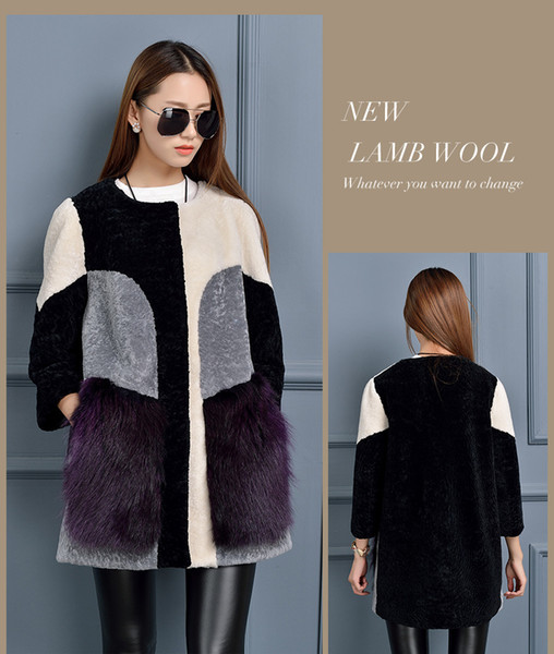 Free postage, new fashion lamb fur fur coat In the long section of women's fur control two colors black and white gray color matching and bl