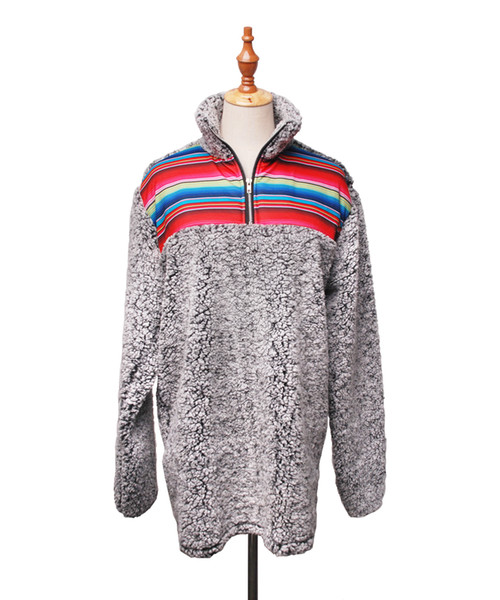 DOMIL Women Fleece Pullover Sweatshirt Serape Designs Hoodie Rainbow Colors Fleece Shirt With Zipper Turn-down Collar DOM1081173