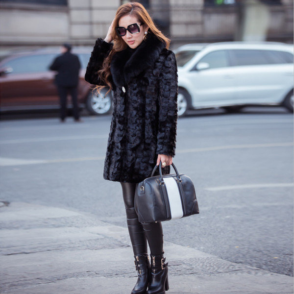Free postage, wholesale women's new fashion 100% mink fur coat mink fur long section fox fur collar stitching jacket