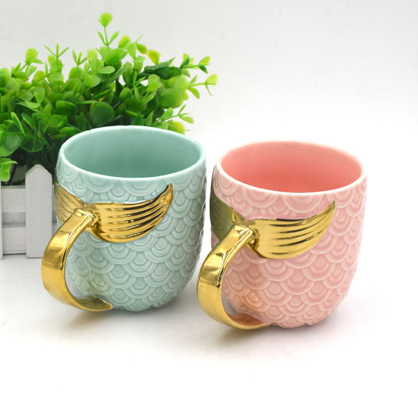 Free postage, new pearl glaze golden mermaid tail handle mug Creative ceramic mug mermaid mug