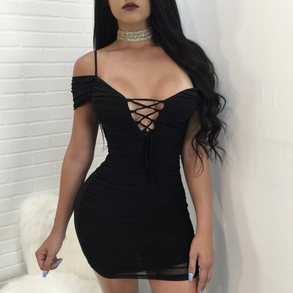 New spring explosions European and American women's sexy deep V-lace dress wrinkled bandage skirt