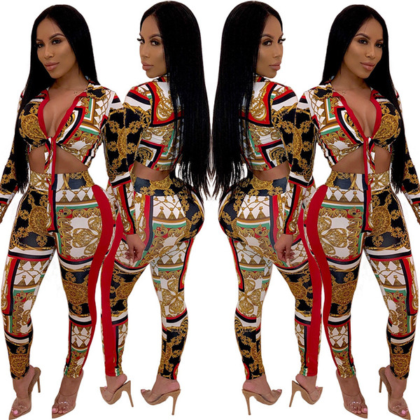 Free postage new 2019 European and American women's fashion digital printing casual two-piece suit HL1002