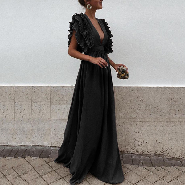 2019 new women's flying sleeve V-neck backless solid color dress sweet dress high quality free shipping