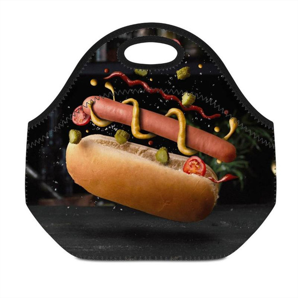 THIKIN 3D Print Hot Dog Pattern Thermal Lunch Bag Daily Warm Snacks Meal Bag Insulated Tote Lunch Box for Women Children