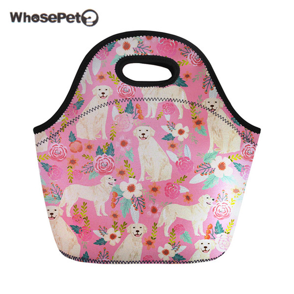 WHOSEPET Pink Lunch Bag For Girls Golden Retriever Snack Meal Handbags Women Neoprene Lunch Bags Cute Printing Breakfast Box New