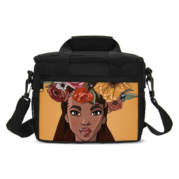 Small Lunch Bag Fashion Floral Black Art African Girl 3D Printing Ice Bag Insulated Thermal Picnic Lunchbox Handbags Sac A Main