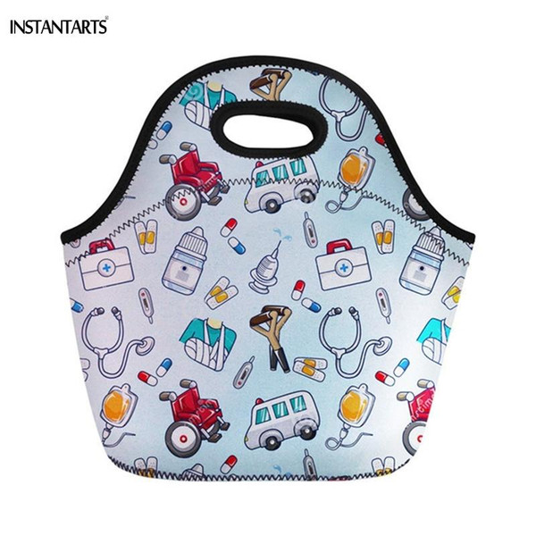 INSTANTARTS Casual Children Tote Lunch Bags Funny Cartoon Nurse Printing Boys Girls Lunch Box Students Travel Thermal Picnic Bag