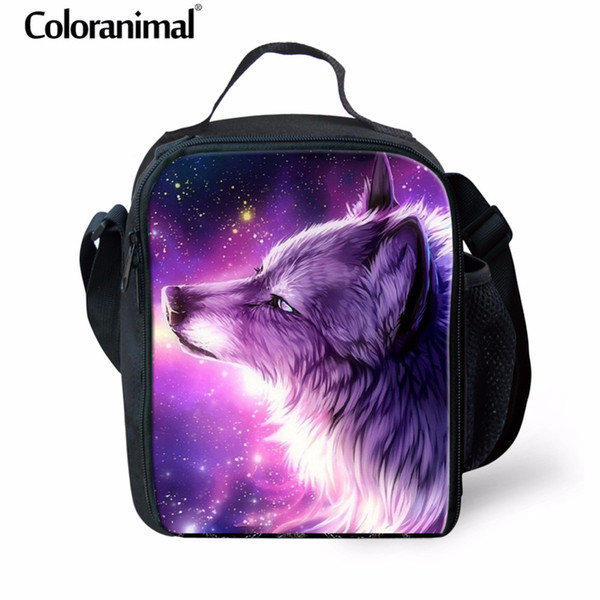 Coloranimal Purple Galaxy Mini Messenger Bag Cool Animal Wolf Insulated Thermal Lunch Case for Children 3D Print Crossbody Bags