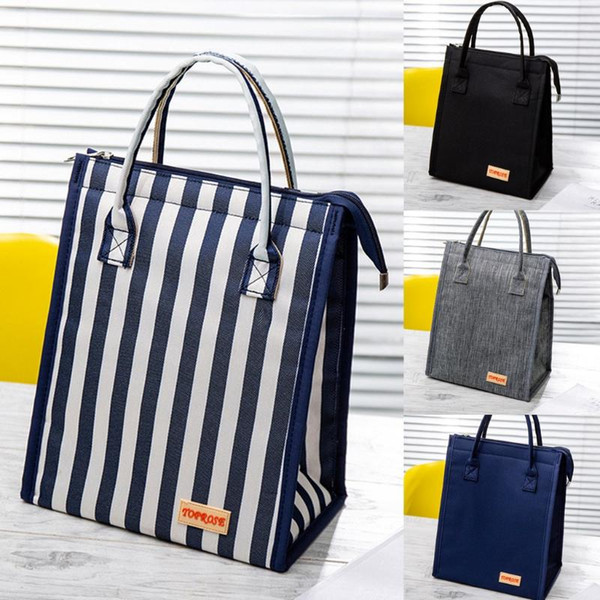 Women Lunch Bag Solid Color Waterproof Bag Large Capacity Carry On Stripe Handbag Insulation Thermal Container 2019