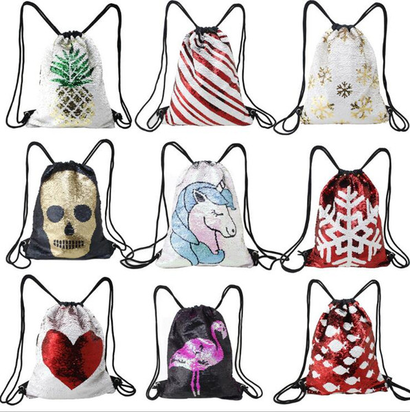 Hot Sales ! Polyester printed unicorn flamingo skull head cartoon embroidered sequins bunch pocket drawstring bag free shipping