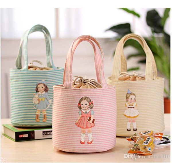 Wholesale-New Cute canvas Cartoon Girl Lunch Bags Storage bags thicker Insulation Bags handbags Waterproof lunch box A0507