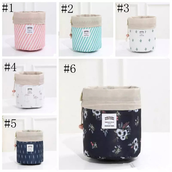 Women Cosmetic Bag Large Capacity Drawstring Bag Barrel Shaped Makeup Bags Flamingo Flower Print Travel Pouch Oxford Wash Organizer MMA1152