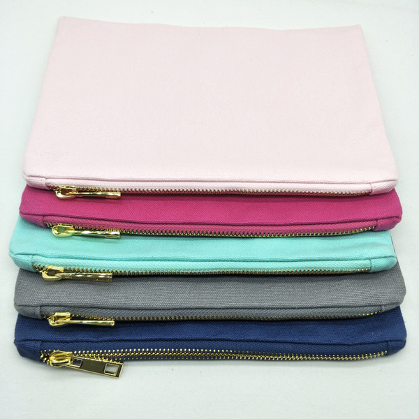 55pcs/lot solid 12oz thick cotton canvas makeup bag with metal gold zip gold lining 6x9in blank navy/grey/mint/hot pink/light pink cos bags