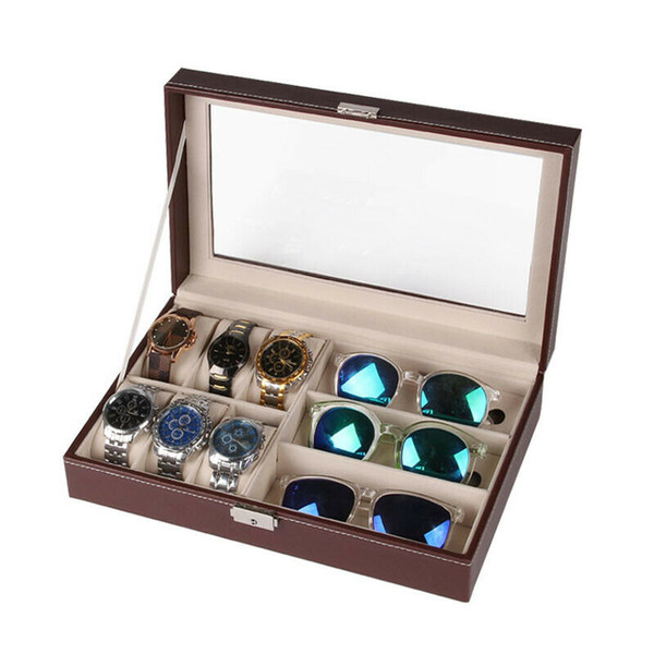 Portable Travel Faux Leather Watch Glass Sunglasses Storage Organizer Box Case