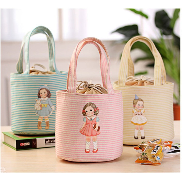 Wholesale-New Cute canvas Cartoon Girl Lunch Bags Storage bags thicker Insulation Bags handbags Waterproof lunch box A0507