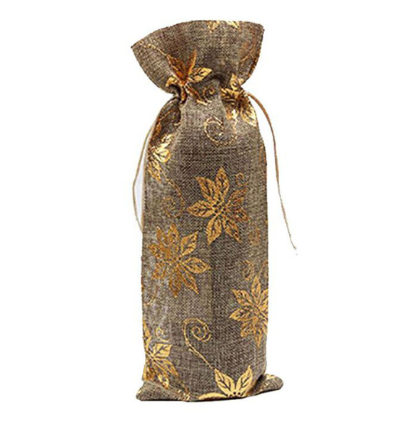 10pcs New gold stamping Jute Wine Bottle Gift Bags burgundy 15*37cm Christmas wine Decorations folding bags Festive supplies