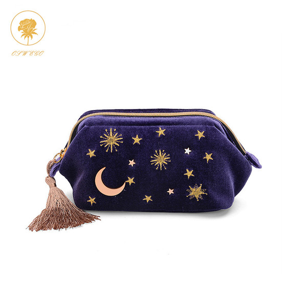 Oswego Makeup Bag Velvet Cosmetic Cases Small Tassel Embroidered Pouch Storage Bag For Women/Make Up Bag Travel/Organizer