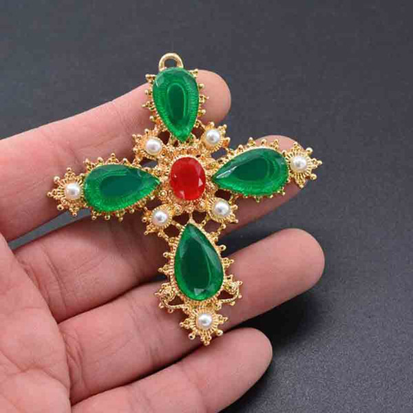 Vintage Baroque Crosses Brooches Gemstone Pearl Corsage Scarf Clips For Women Suit Bag Accessories Jewelry Gift