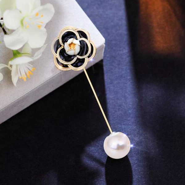 Fashion Enamel Camellia Flower Brooches Pearl Scarf Clips Women Suit Lapel Pins Hat Bag Accessories Jewelry