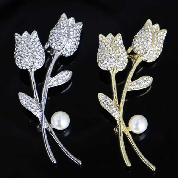 Fashion Crystal Pearl Tulip Flower Brooches Corsage Gold Silver Scarf Clips Brooch Pins Women Girl Suit Bag Accessories Jewelry