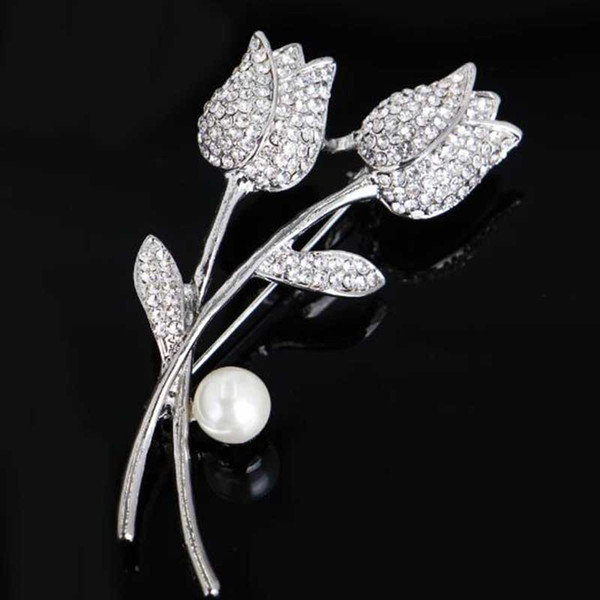 Fashion Crystal Pearl Tulip Flower Brooches Corsage Gold Silver Scarf Clips Brooch Pins Women Girl Suit Bag Accessories