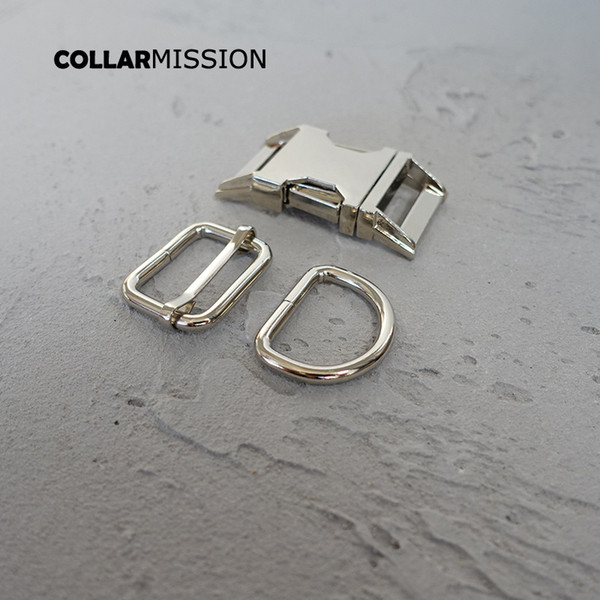 (metal buckle+adjust buckle+D ring/set) manufacturer high quality plated metal buckle silvery diy 25mm dog collars parts