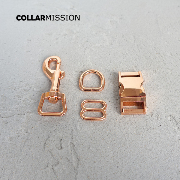 (metal buckle+adjust buckle+D ring+metal dog clasp/set) DIY dog collar Rose Gold 15mm webbing sewing accessory premium quality