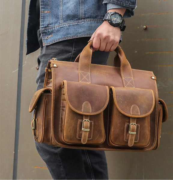 Vintage Genuine Leather Bags for Men Business Briefcase Portfolio Men Handbags Man Cross Body Bag Crazy Horse Leather Bags Men's Tote Bags