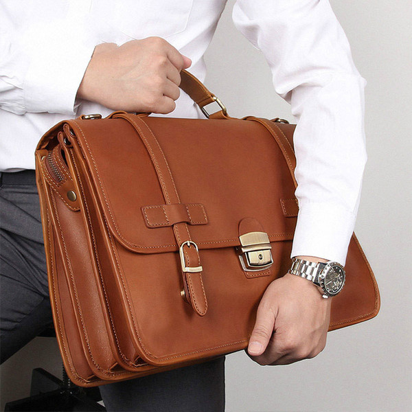 Full Grain Leather 14'' Expandable Business Briefcase Laptop Travel Bag