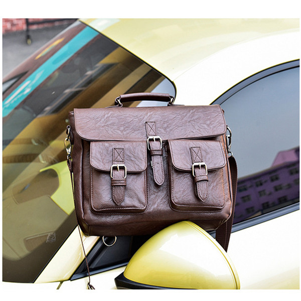 2019 New Men Split Leather Handbag Belt Men Business Pu Two Silt Pocket Handle Soft 14 inch Briefcase Bags