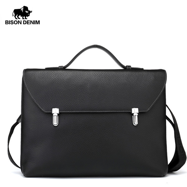 BISON DENIM Genuine Leather Messenger Bag Men 14'' Laptop Handbag Male Business Shoulder Bag Slim Crossbody for Men N2598